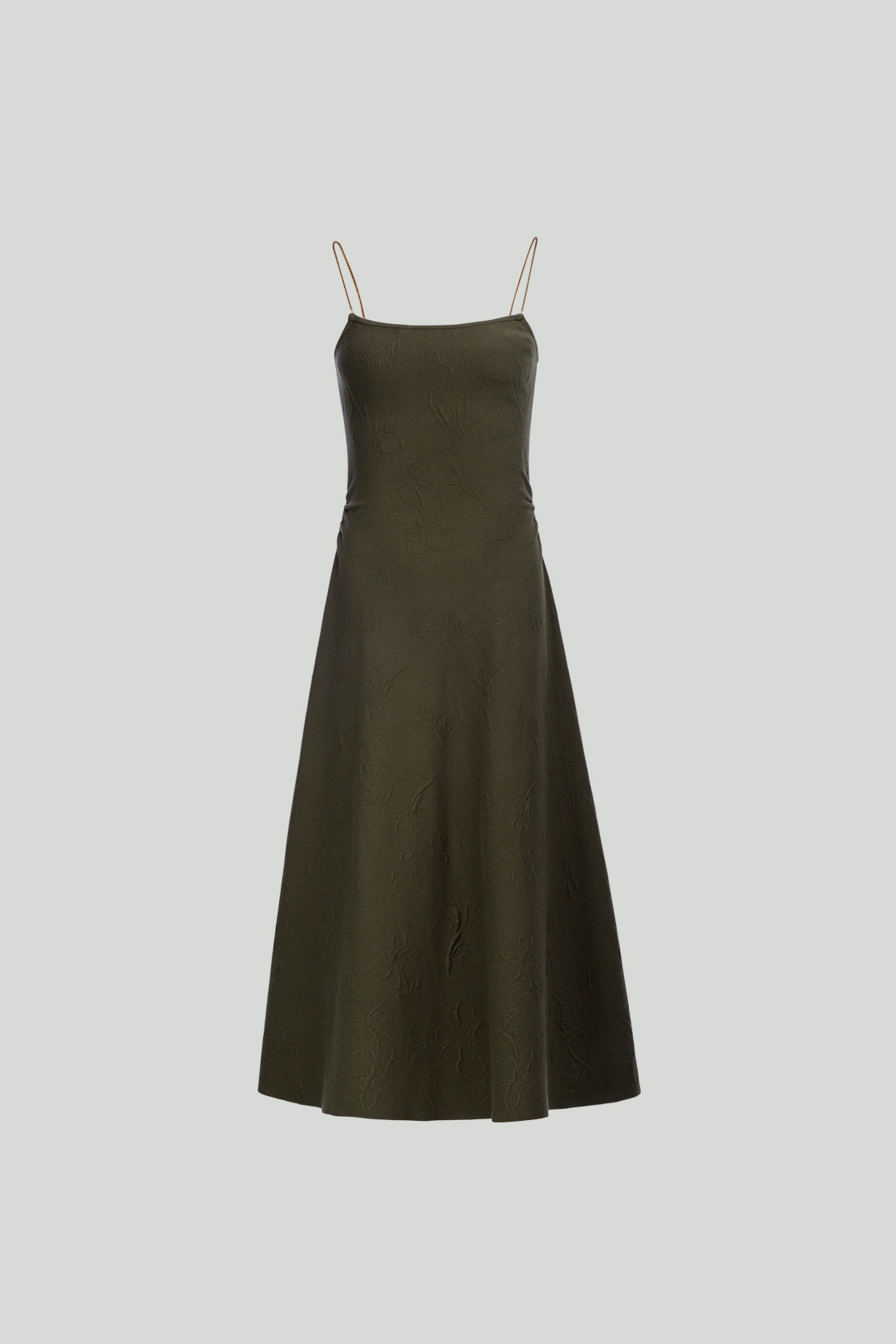 CHAMBRE DE FAN SERIE IMPRIME A LA MAIN ROBE LONGUE VERTE MILITAIRE EN JACQUARD 3D AVEC BRETELLES EN CHAINE METAL
