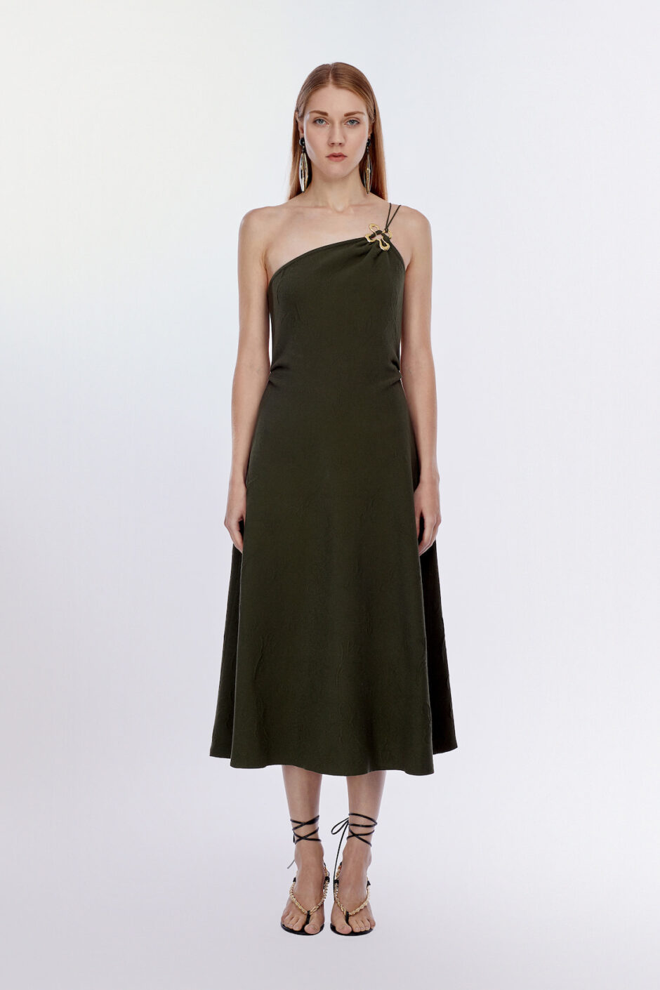 【Hand Drawn Series】Metal Flower Embellished 3D Jacquard Asymmetric Dress