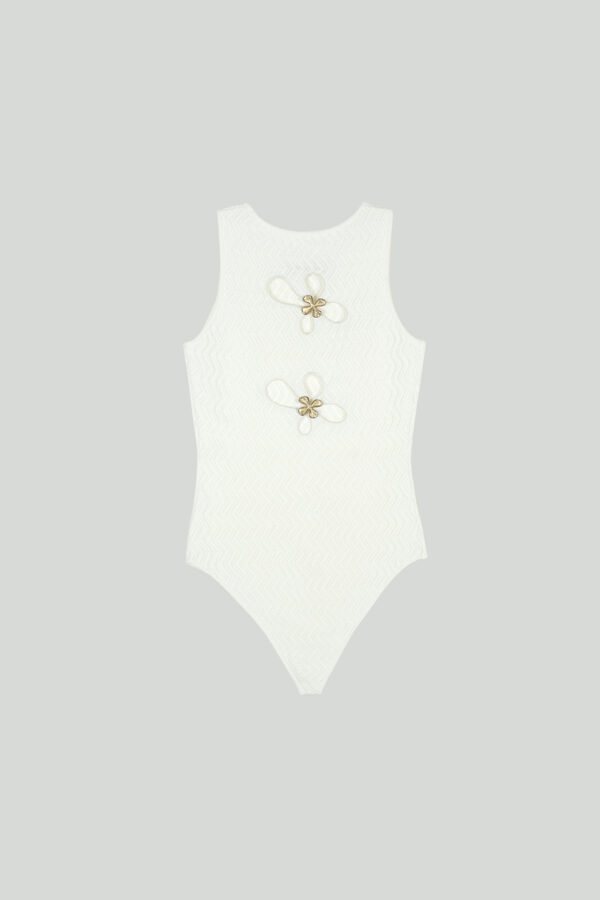 Sleeveless Pointelle Bodysuit With Metal Flower