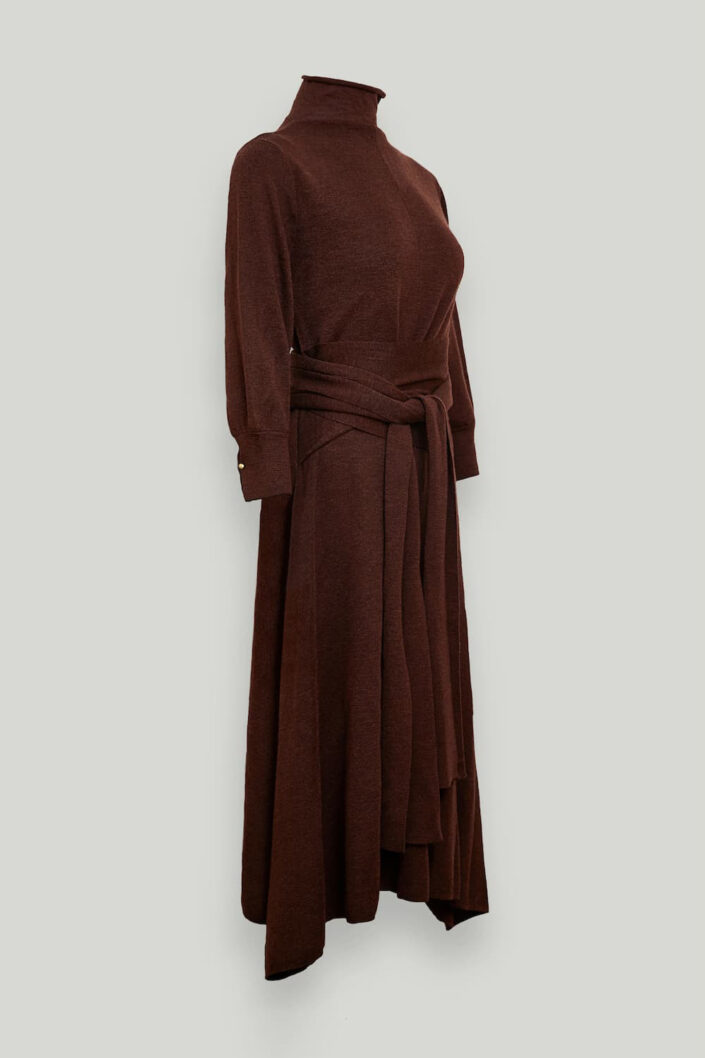 CHAMBRE DE FAN | LONG SLEEVE WRAP EFFECT ULTRAFINE MERINO MIDI DRESS MAROON CHAMBRE DE FAN | LONG SLEEVE WRAP EFFECT ULTRAFINE MERINO MIDI DRESS MAROON