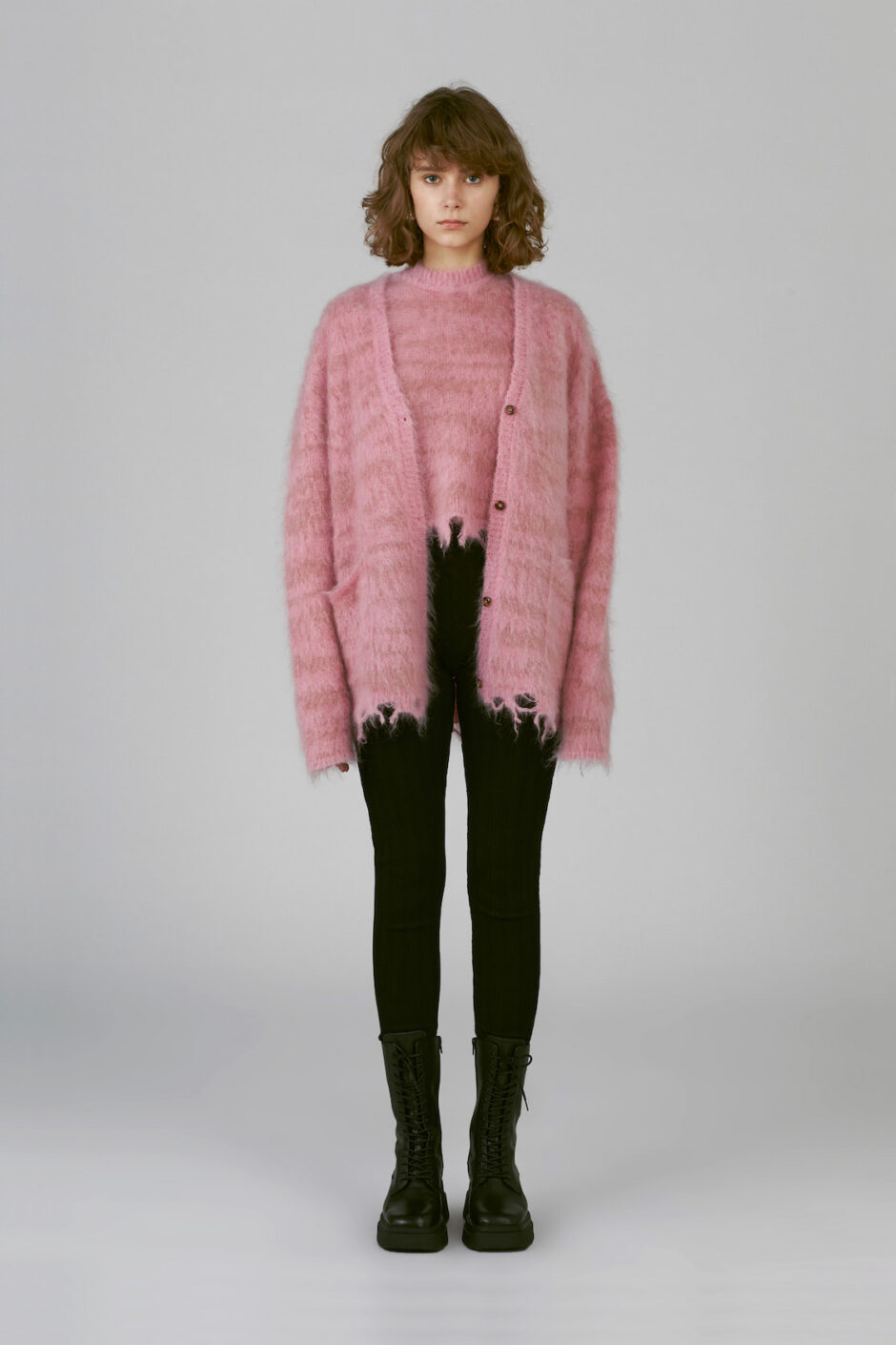CHAMBRE DE FAN Cardigan Rose En Mohair Brossé